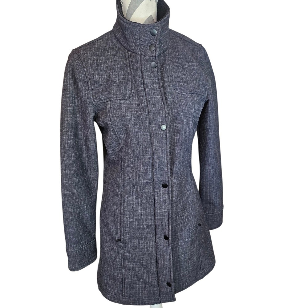 Prana Women Gray Heathered Softshell Fleece Lined Snap Front Long Jacket Size M
